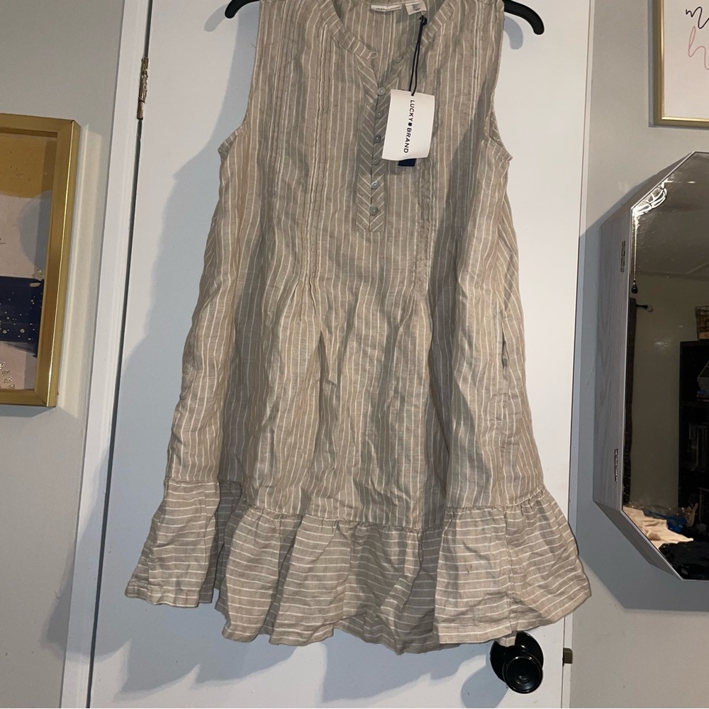 Lucky Brand Linen Dress Drop Peplum Waist - Beige Striped -  Large NWT